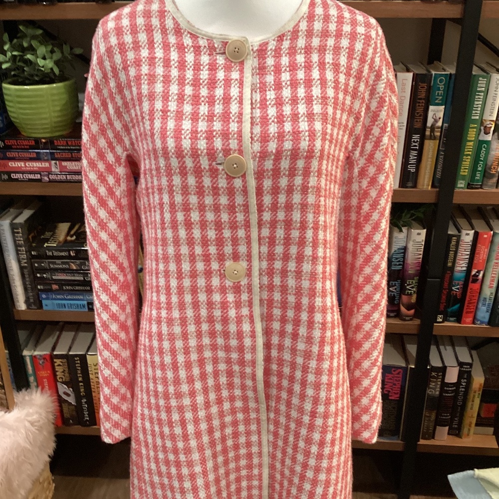 Kate Spade Pink and Cream Houndstooth Coat M
